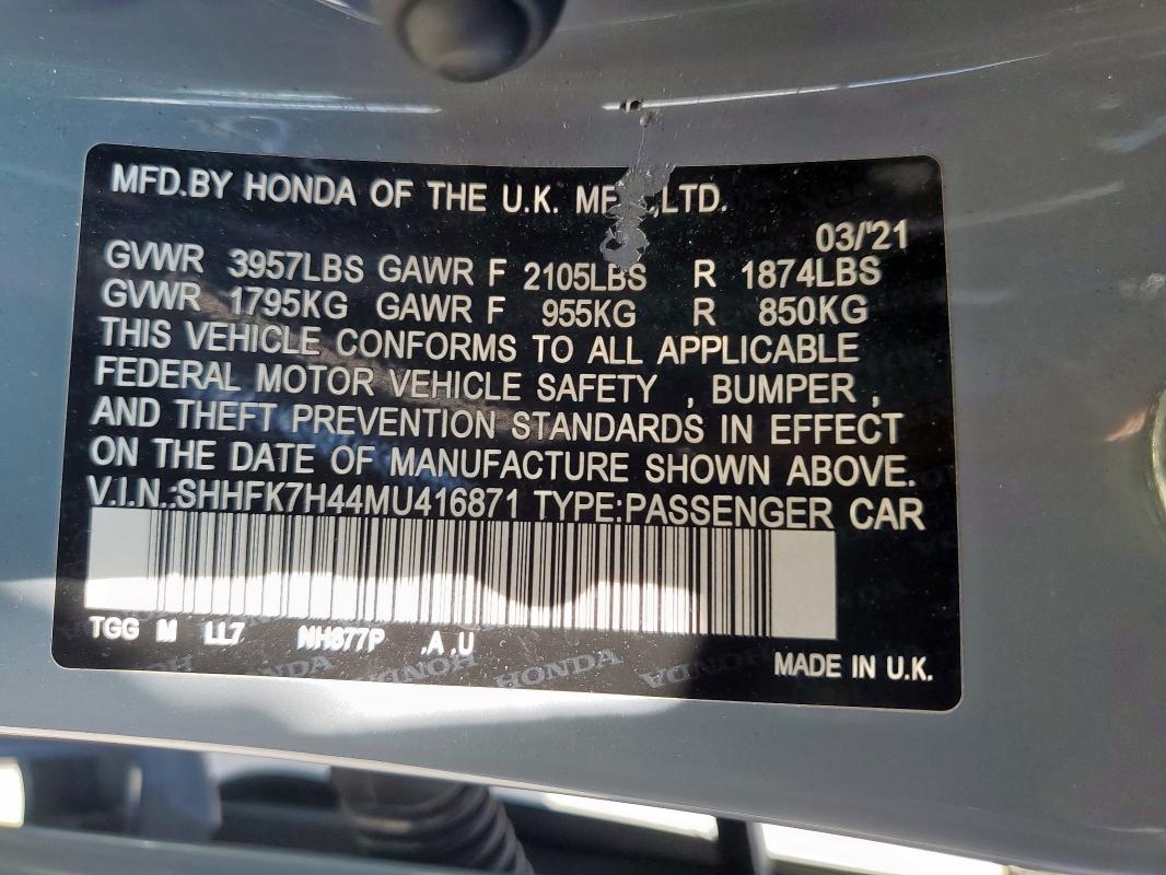 SHHFK7H44MU416871 - 2021 HONDA CIVIC SPORT ნაცრისფერი ფოტო 13