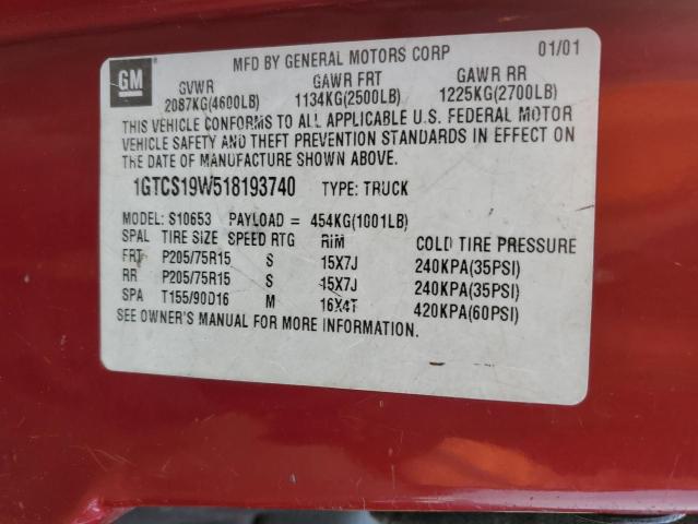 1GTCS19W518193740 - 2001 GMC SONOMA RED photo 12