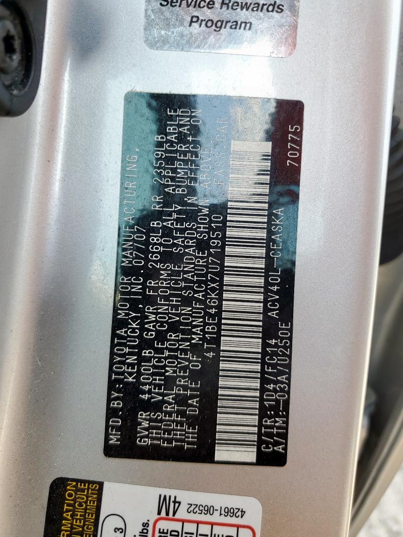 4T1BE46KX7U719510 - 2007 TOYOTA CAMRY CE ვერცხლისფერი ფოტო 12