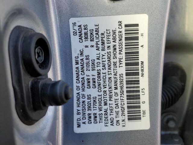 2HGFC1F75GH639235 - 2016 HONDA CIVIC EXL ვერცხლისფერი ფოტო 12