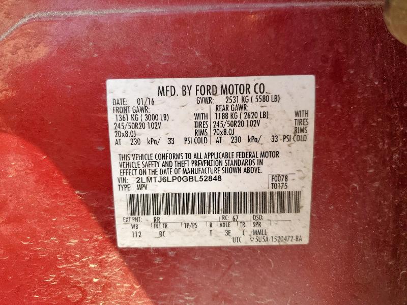 2LMTJ6LP0GBL52848 - 2016 LINCOLN MKX RESERVE Կարմիր լուսանկար 13