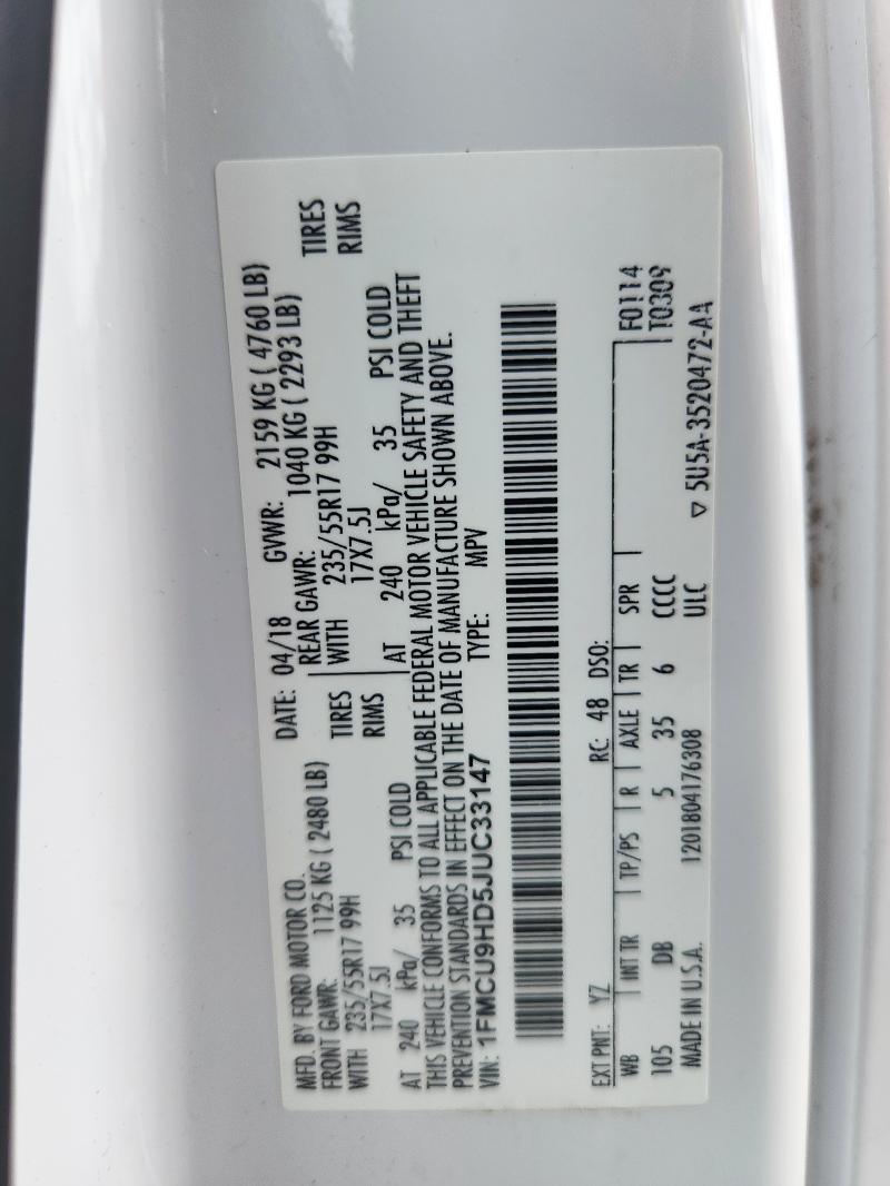 1FMCU9HD5JUC33147 - 2018 FORD ESCAPE SEL Blanc photo 14