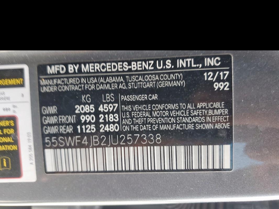 55SWF4JB2JU257338 - 2018 MERCEDES-BENZ C 300 GRAY photo 12