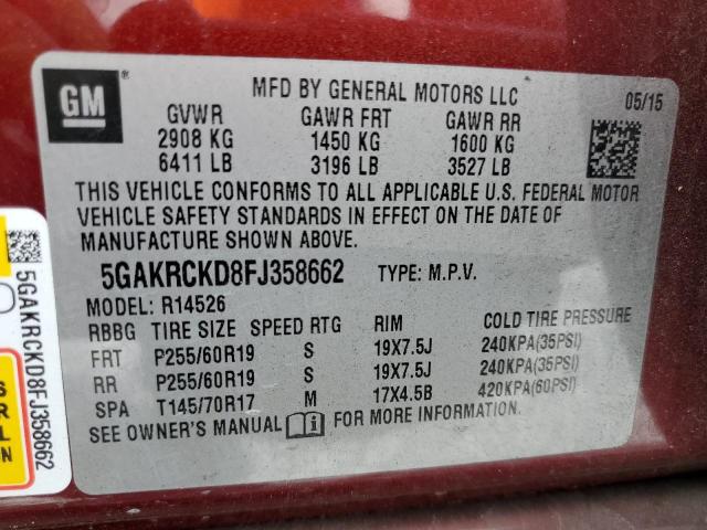 5GAKRCKD8FJ358662 - 2015 BUICK ENCLAVE BURGUNDY photo 14