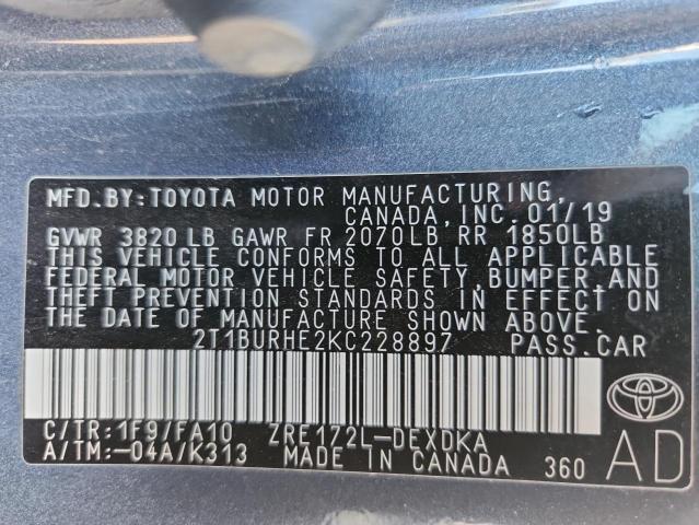 2T1BURHE2KC228897 - 2019 TOYOTA COROLLA L أزرق صورة 13