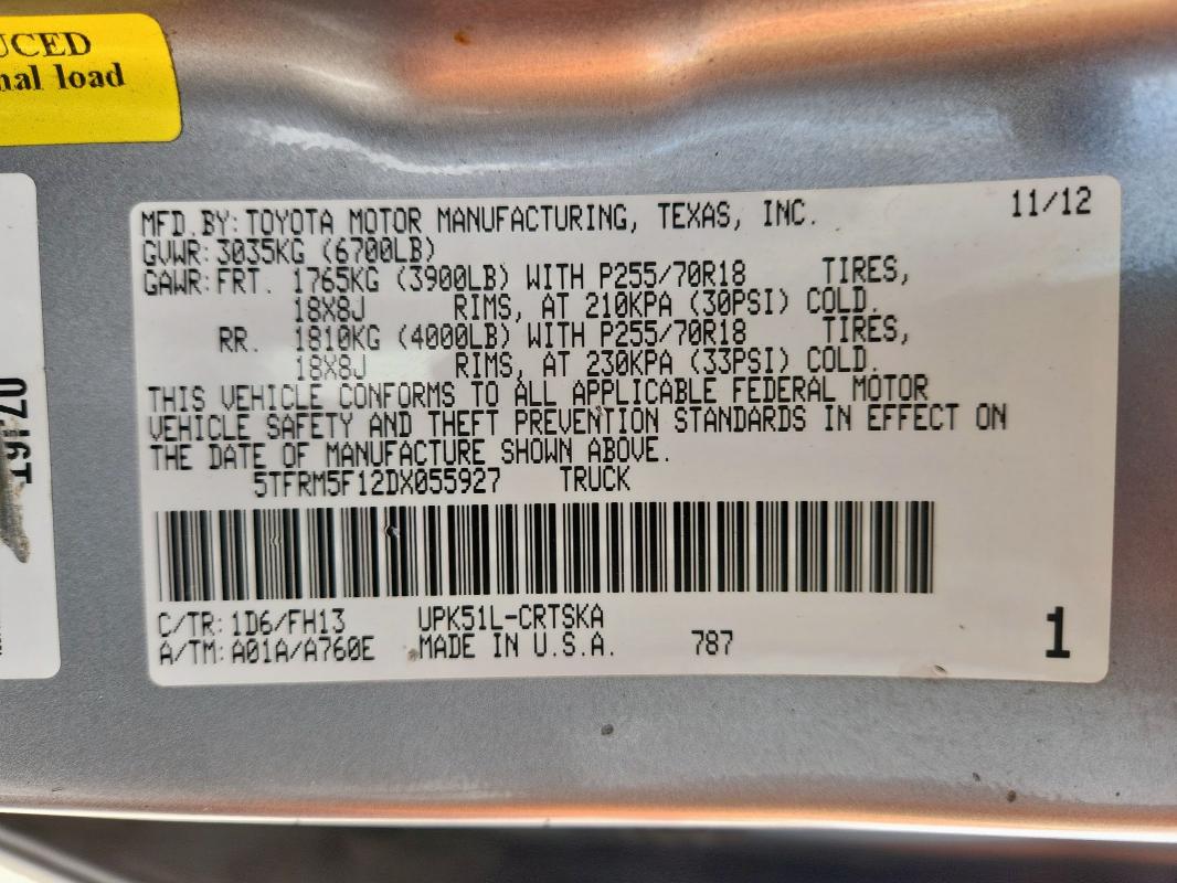 5TFRM5F12DX055927 - 2013 TOYOTA TUNDRA DOUBLE CAB SR5 GRAY photo 12