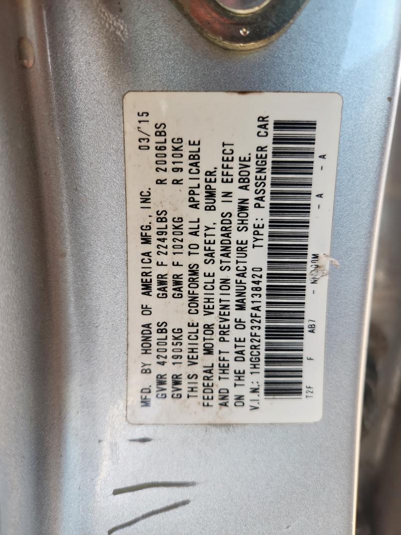 1HGCR2F32FA138420 - 2015 HONDA ACCORD LX ვერცხლისფერი ფოტო 12