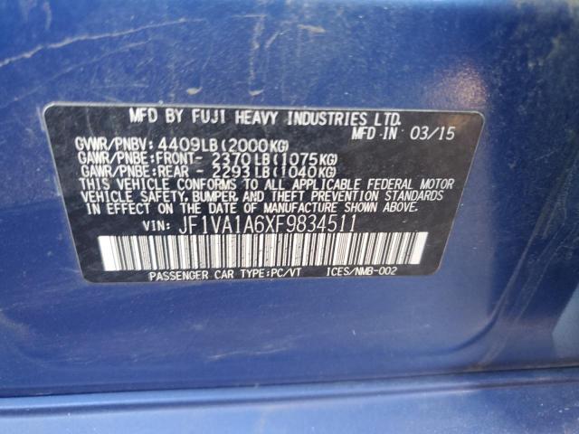 JF1VA1A6XF9834511 - 2015 SUBARU WRX BLUE photo 12