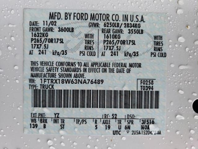 1FTRX18W63NA76489 - 2003 FORD F150 WHITE photo 12