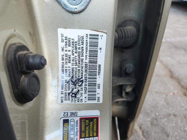 1HGFA16897L063067 - 2007 HONDA CIVIC EX 金色 照片 12