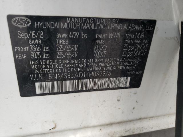 5NMS33AD1KH039976 - 2019 HYUNDAI SANTA FE SEL WHITE photo 13