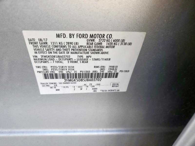 2FMGK5D85JBA02702 - 2018 FORD FLEX LIMITED Argent photo 13