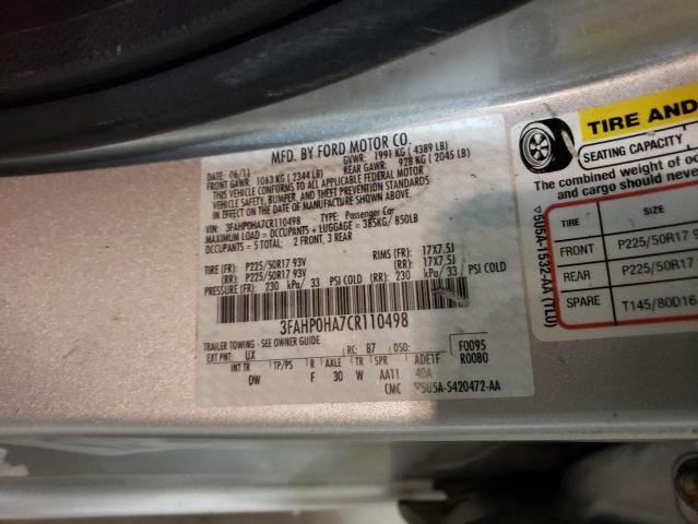 3FAHP0HA7CR110498 - 2012 FORD FUSION SE SILVER photo 12