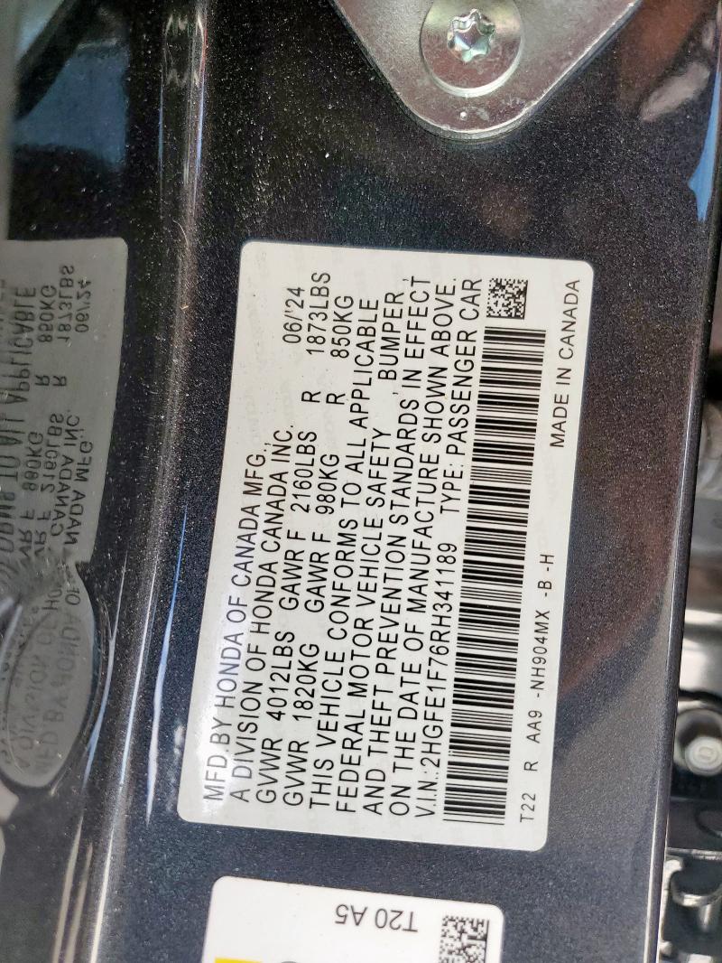 2HGFE1F76RH341189 - 2024 HONDA CIVIC EX 石墨色 照片 12