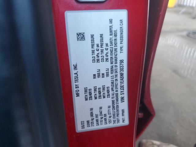5YJ3E1EA8NF303798 - 2022 TESLA MODEL 3 红色 照片 12