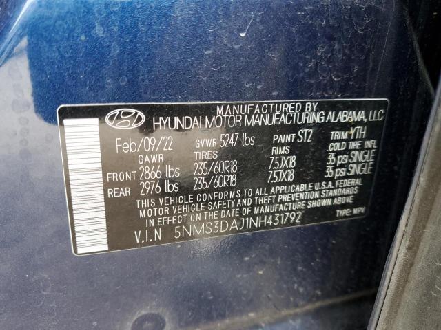 5NMS3DAJ1NH431792 - 2022 HYUNDAI SANTA FE SEL BLUE photo 13