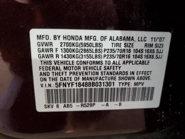 5FNYF18488B031301 - 2008 HONDA PILOT EX MAROON photo 12