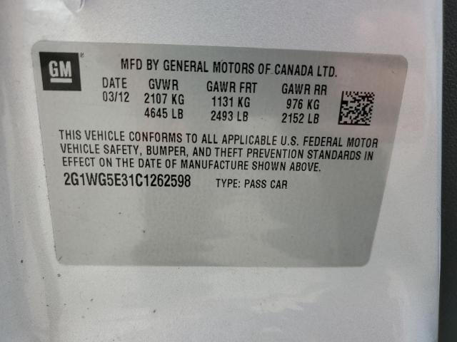 2G1WG5E31C1262598 - 2012 CHEVROLET IMPALA LT ვერცხლისფერი ფოტო 12