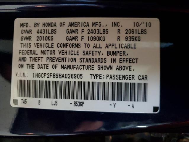 1HGCP2F89BA026905 - 2011 HONDA ACCORD EXL BLUE photo 12
