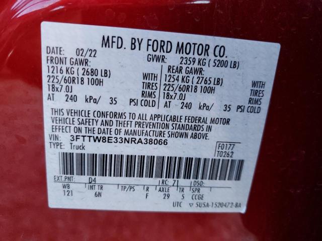 3FTTW8E33NRA38066 - 2022 FORD MAVERICK XL MAROON photo 12