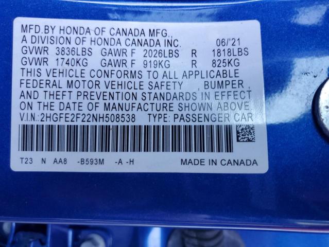 2HGFE2F22NH508538 - 2022 HONDA CIVIC LX BLUE photo 12