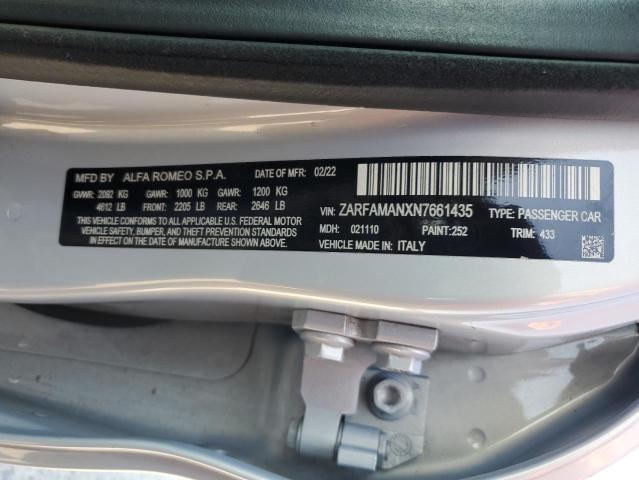 ZARFAMANXN7661435 - 2022 ALFA ROMEO GIULIA ვერცხლისფერი ფოტო 12