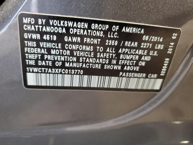 1VWCT7A3XFC013770 - 2015 VOLKSWAGEN PASSAT SEL GRAY photo 12