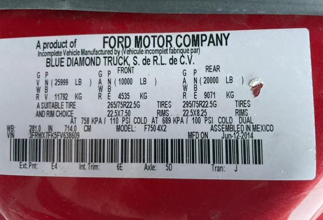 3FRWX7FK5FV638609 - 2015 FORD F750 SUPER DUTY RED photo 10