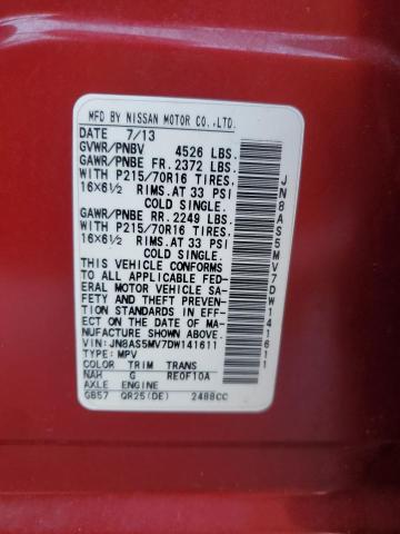 JN8AS5MV7DW141611 - 2013 NISSAN ROGUE S წითელი ფოტო 14