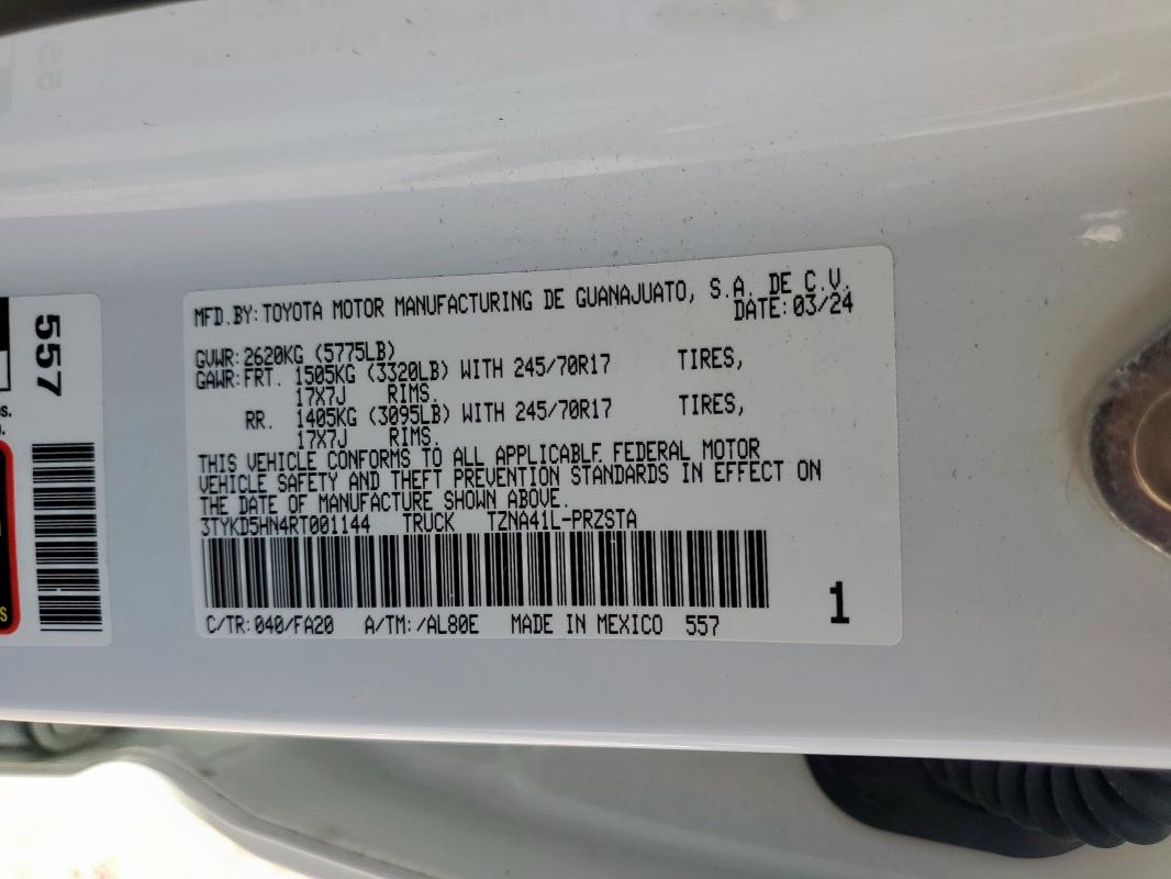 3TYKD5HN4RT001144 - 2024 TOYOTA TACOMA DOUBLE CAB WHITE photo 12