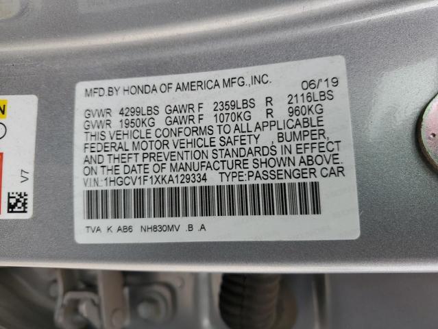 1HGCV1F1XKA129334 - 2019 HONDA ACCORD LX SILVER photo 12