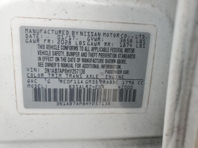 3N1AB7AP8HY257138 - 2017 NISSAN SENTRA S WHITE photo 12