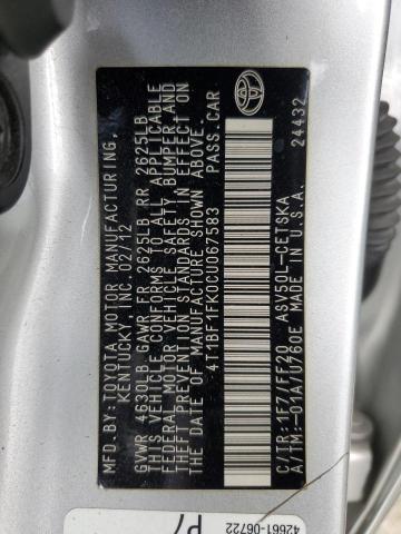4T1BF1FK0CU067583 - 2012 TOYOTA CAMRY BASE Silber Foto 12