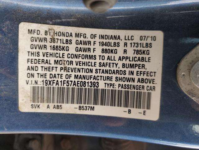 19XFA1F57AE081393 - 2010 HONDA CIVIC LX BLUE photo 12