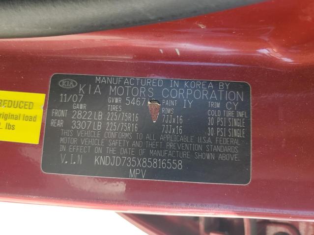 KNDJD735X85816558 - 2008 KIA SORENTO EX RED photo 12