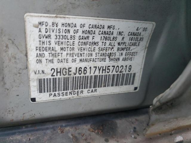 2HGEJ6617YH570219 - 2000 HONDA CIVIC BASE SILVER photo 12