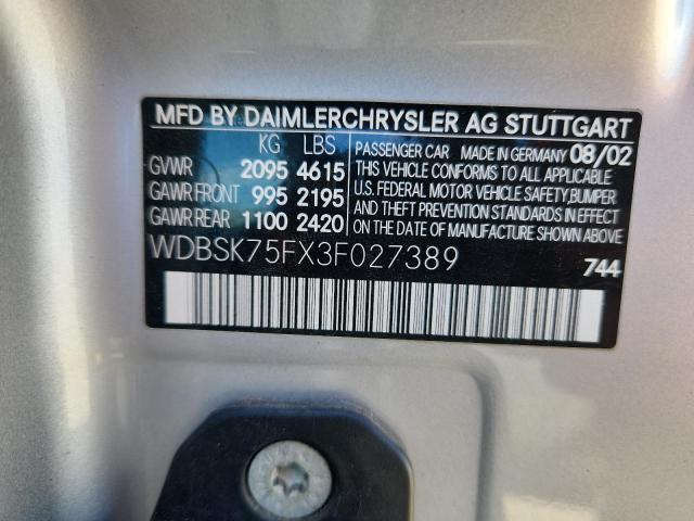 WDBSK75FX3F027389 - 2003 MERCEDES-BENZ SL 500R SILVER photo 12