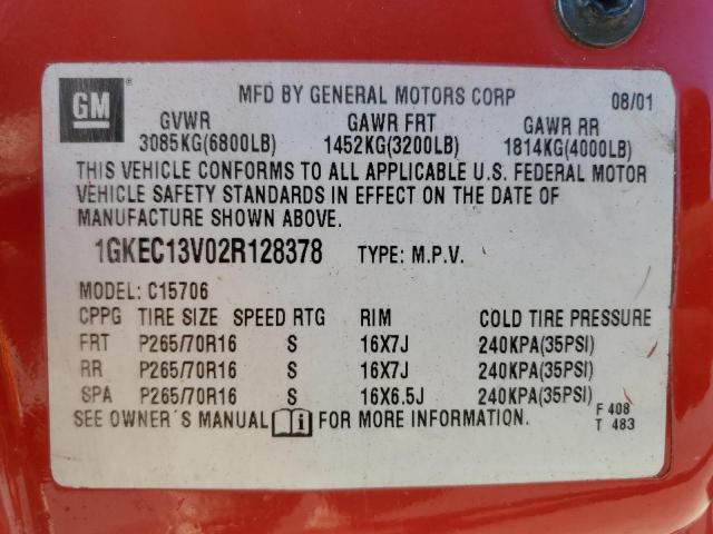 1GKEC13V02R128378 - 2002 GMC YUKON RED photo 13