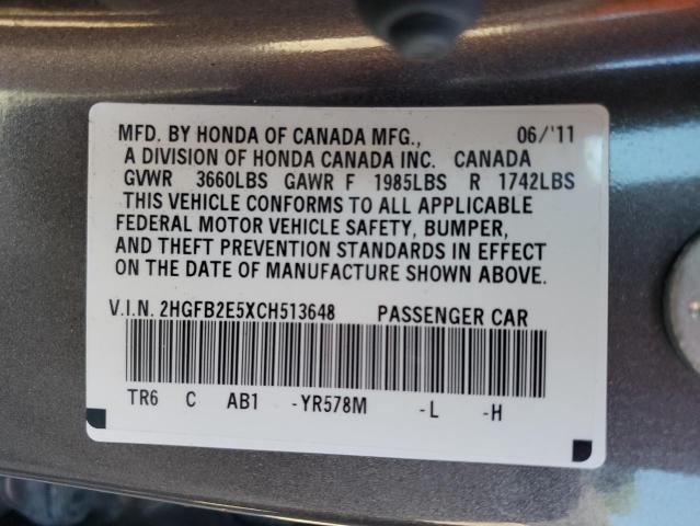 2HGFB2E5XCH513648 - 2012 HONDA CIVIC LX GRAY photo 13