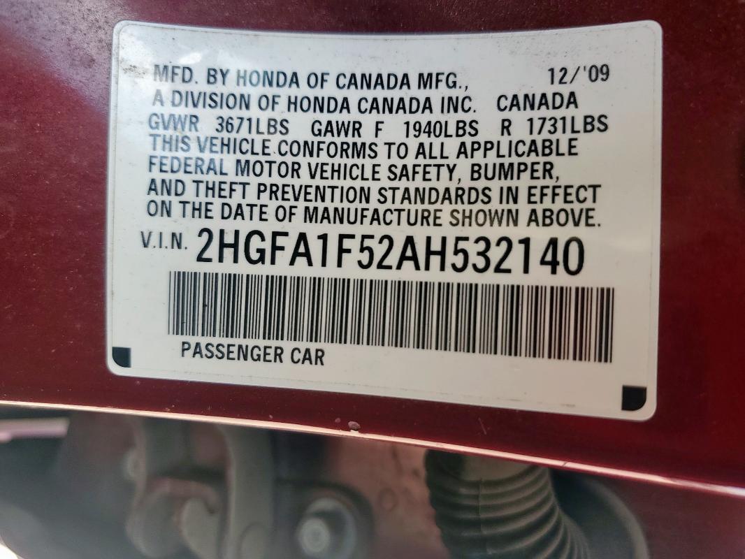 2HGFA1F52AH532140 - 2010 HONDA CIVIC LX RED photo 12