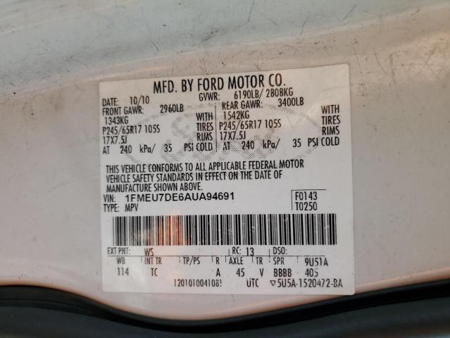 1FMEU7DE6AUA94691 - 2010 FORD EXPLORER XLT 白色 照片 13