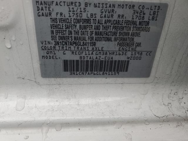 3N1CN7AP6GL841159 - 2016 NISSAN VERSA S WHITE photo 12