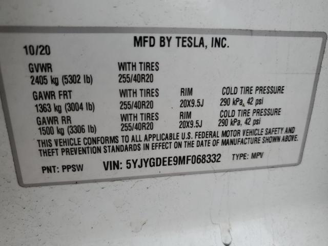 5YJYGDEE9MF068332 - 2021 TESLA MODEL Y Beyaz fotoğraf 12