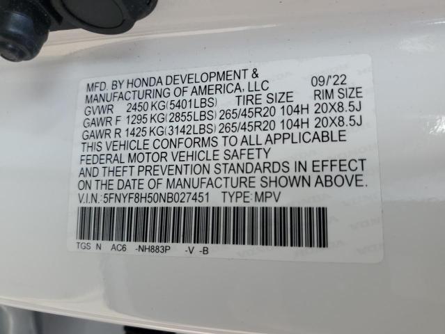 5FNYF8H50NB027451 - 2022 HONDA PASSPORT EXL WHITE photo 13