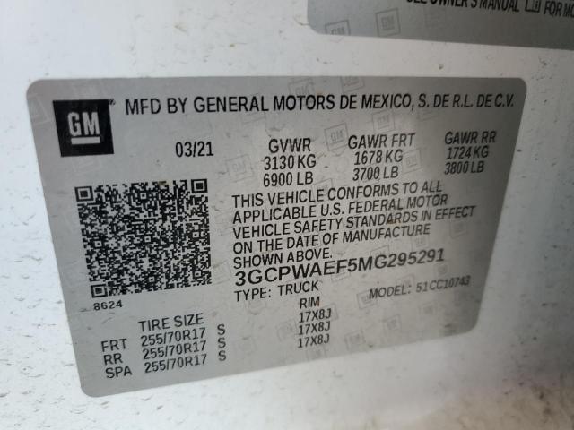 3GCPWAEF5MG295291 - 2021 CHEVROLET SILVERADO C1500 WHITE photo 12