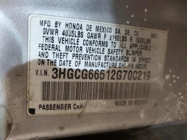 3HGCG66512G700219 - 2002 HONDA ACCORD LX SILVER photo 12