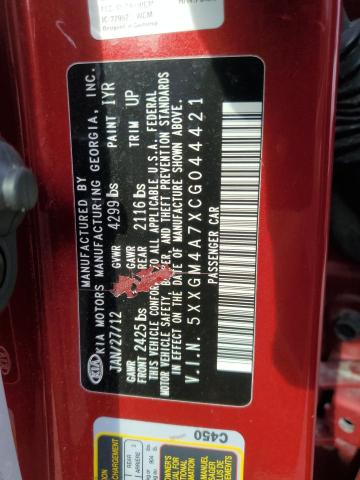 5XXGM4A7XCG044421 - 2012 KIA OPTIMA LX RED photo 12