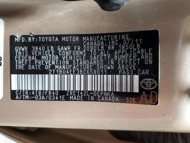 2T1BU4EE3BC658011 - 2011 TOYOTA COROLLA BASE Қоңыр фото 12