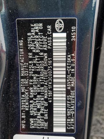 4T1BF1FK3CU075161 - 2012 TOYOTA CAMRY BASE 黑色 照片 12