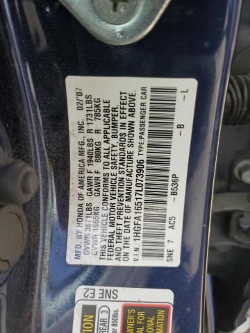 1HGFA16517L073906 - 2007 HONDA CIVIC LX BLUE photo 12